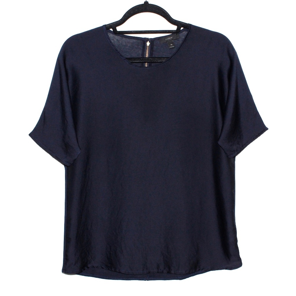 J. Crew Navy Satin Charmeuse Front Short Sleeve Blouse